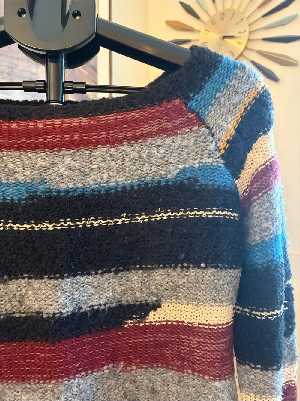 Free People Striped Crewneck Sweater in Black, Gray, Blue, Red & Yellow